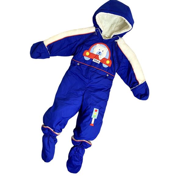 Vtg London Fog Childrens Snowsuit Boys 18M Bear Driving Car Padded Snap On